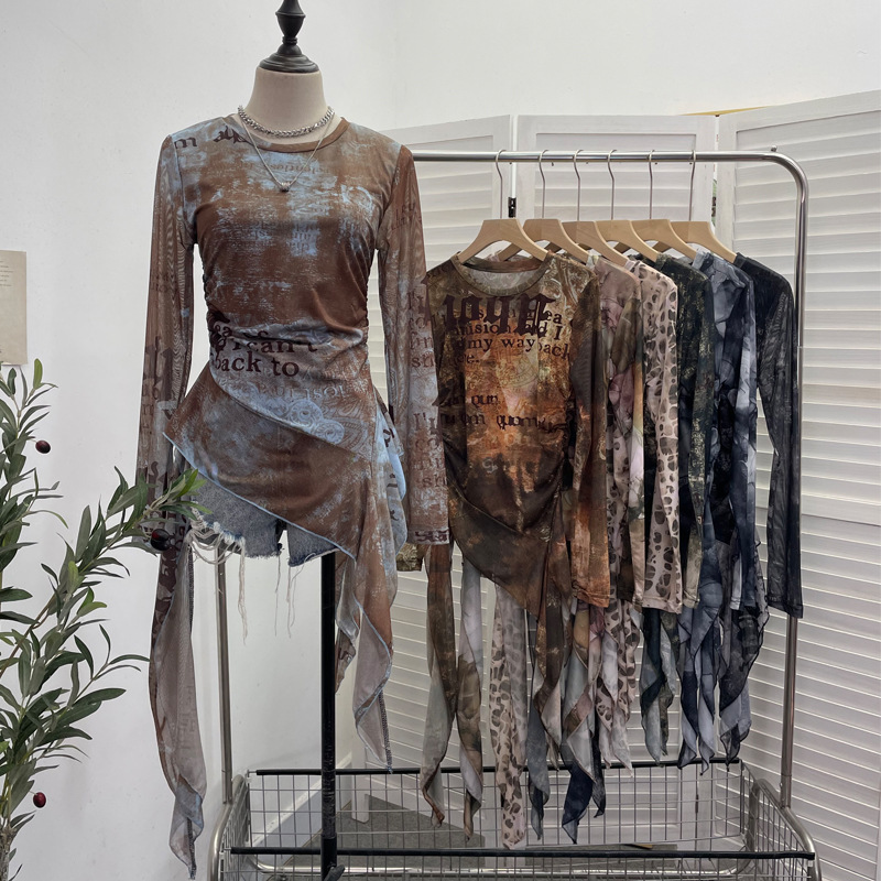Tie Dye Shirt Vintage - เสื้อยืดตาข่าย ISAROSE Y2K สำหรับผู้หญิง ฤดูใบไม้ผลิ ฤดูใบไม้ร่วง