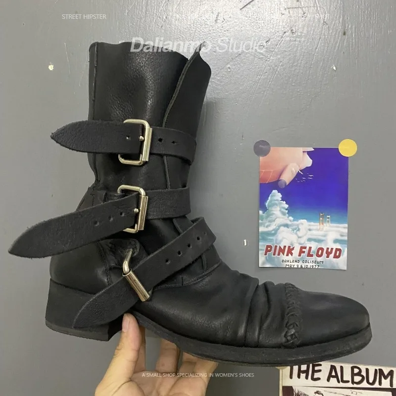 Vintage Fashion Mens - รองเท้าบูทหนังแท้สไตล์วินเทจสำหรับผู้ชายและผู้หญิง แบบมีสายรัดหัวเข็มขัด ส้นหนา ทรงคาวบอยตะวันตก แบบย่น