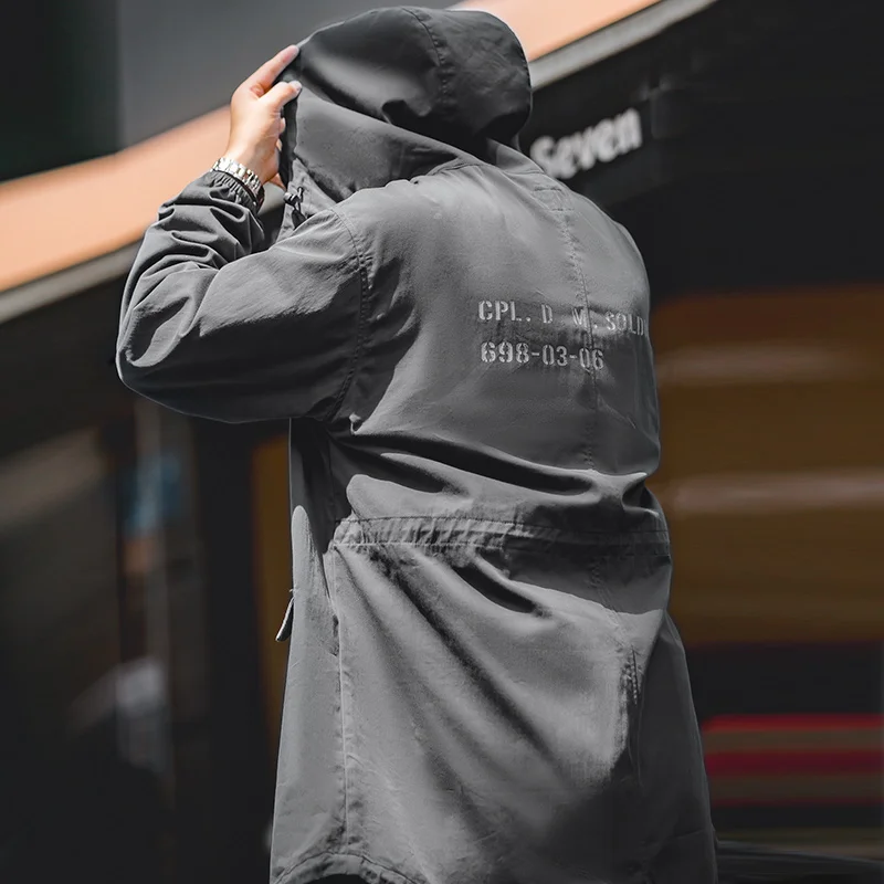 Vintage Windbreaker Nylon - RetroยุทธวิธีM51 Windbreaker Hooded Parkaตกปลา-Tail Hemพิมพ์เสื้อแจ็คเก็ตยาวสีเทาเสื้อกันหนาวสําหรับบุรุษฤดูใบไม้ร่วงOuterwear
