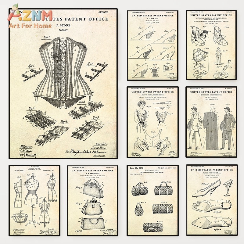 Vintage Fashion Sketches - AZNM ภาพพิมพ์ลายแฟชั่นวินเทจบนผ้าใบสำหรับตกแต่งผนัง, ภาพพิมพ์ลายรองเท้าคอร์เซ็ทและกระเป๋า, ไม่มีกรอบ