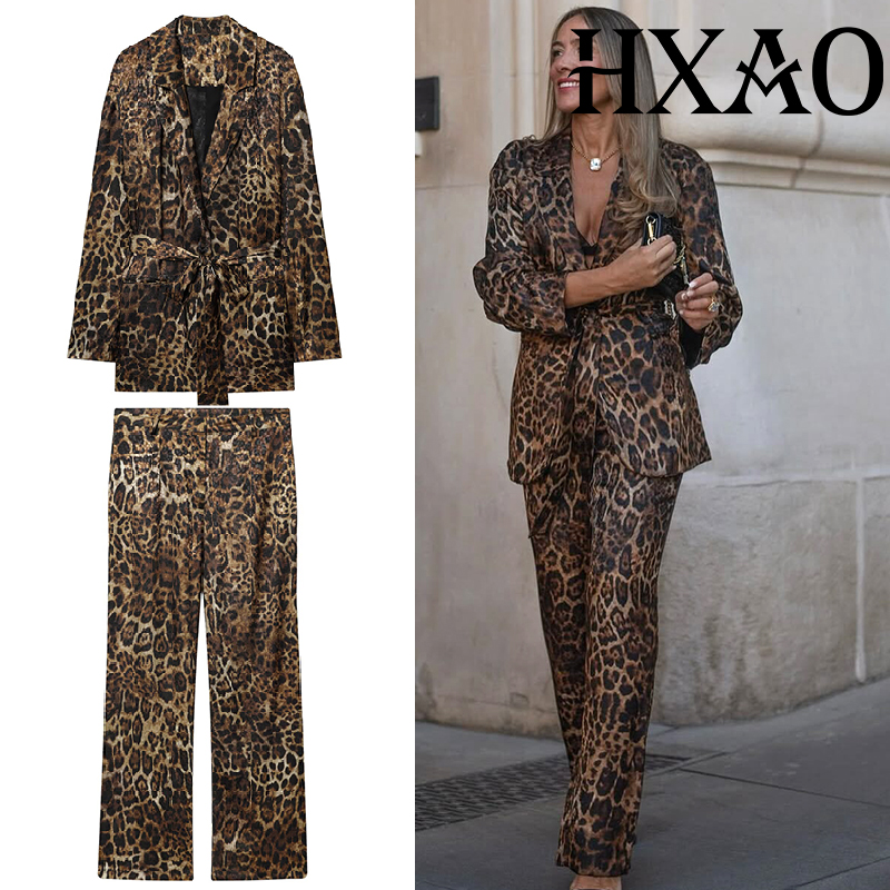 Vintage Trench Coat - ชุดเซ็ตเสื้อผ้าลายเสือดาว HXAO ชุดเซ็ต 2 ชิ้น เสื้อเบลเซอร์ยาวสไตล์วินเทจ