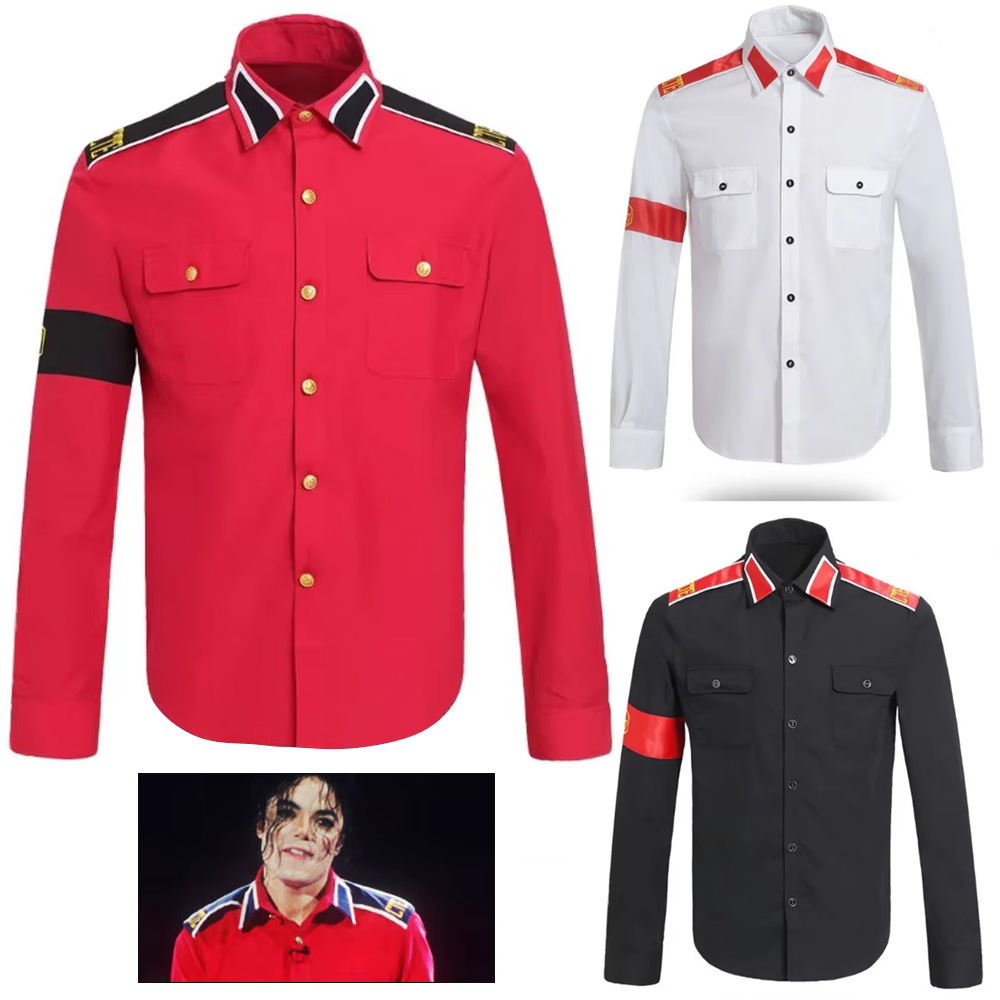 Vintage Fashion Mens - เสื้อเชิ้ตทหารต่อต้านสงครามของไมเคิล แจ็คสัน เสื้อเชิ้ตวินเทจติดกระดุมสำหรับผู้ชาย พร้อมอีโบเล็ต ชุดคอสเพลย์ไอคอนิกของนักร้องป๊อป