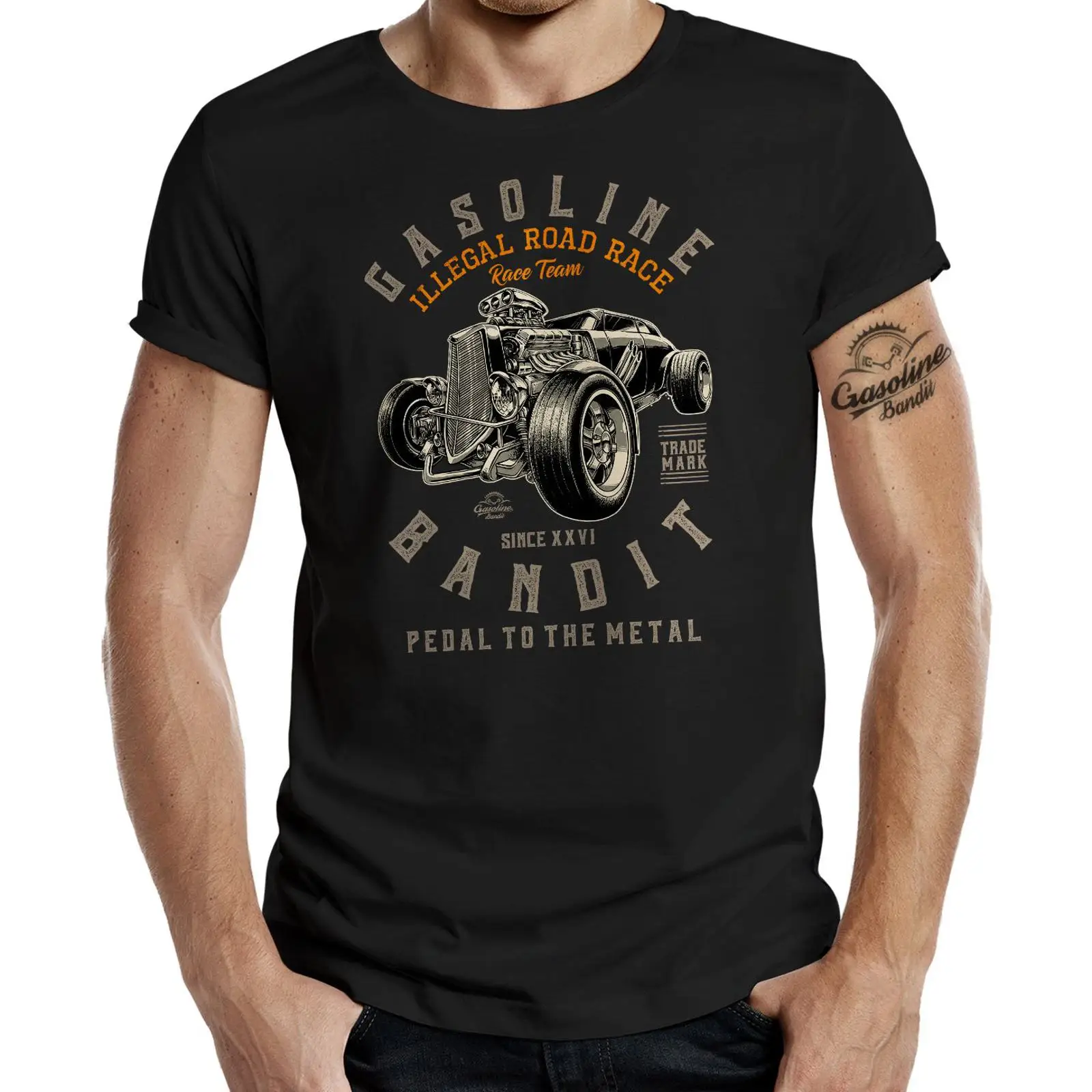 Vintage Fashion Ads - เสื้อยืดผู้ชายลายรถแข่ง Hot Rod Racer รุ่นวินเทจ ลุคเท่ห์