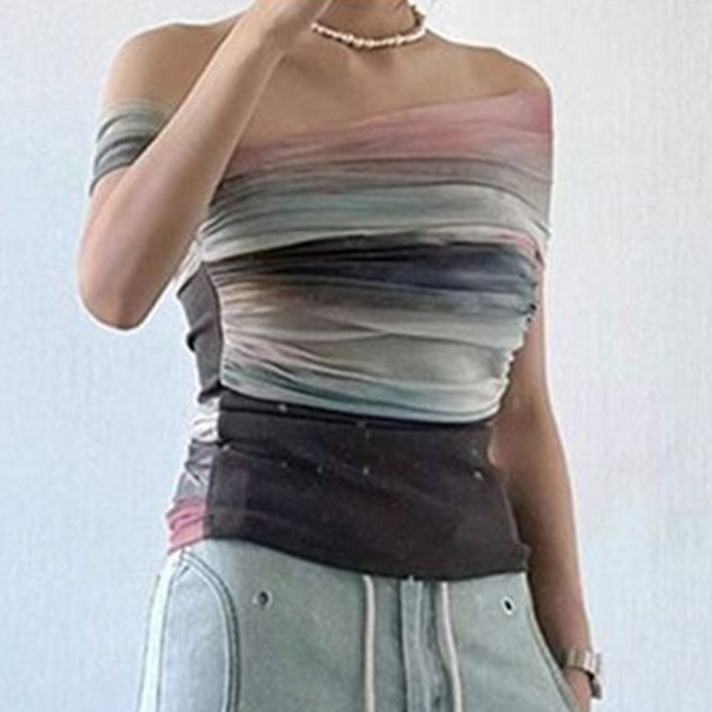 Tie Dye Shirt Vintage - ผู้หญิงฤดูร้อนตาข่ายมัดย้อมปิดไหล่บางแขนสั้นเสื้อยืดวินเทจแฟชั่นยอดนิยมสบายๆวันหยุดสวมใส่ทุกวันโพลีเอสเตอร์สีฟ้า