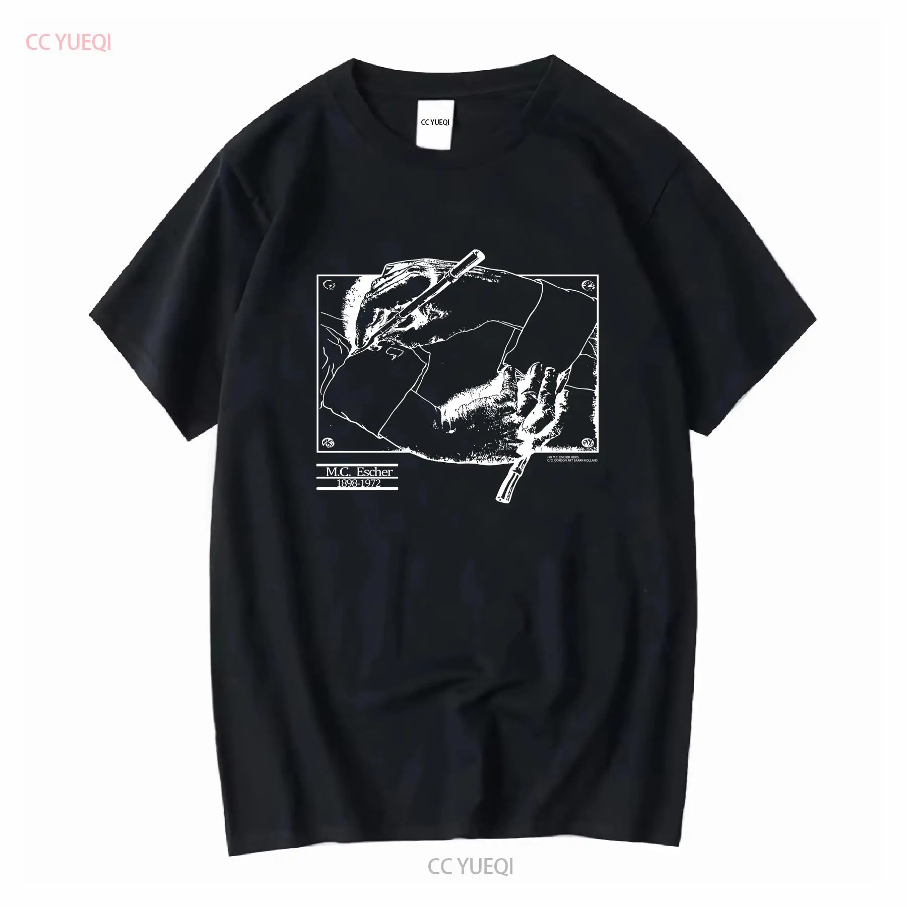 Vintage Fashion Sketches - Vintage 1990 MC Escher T เสื้อบุรุษสีดําขนาดใหญ่