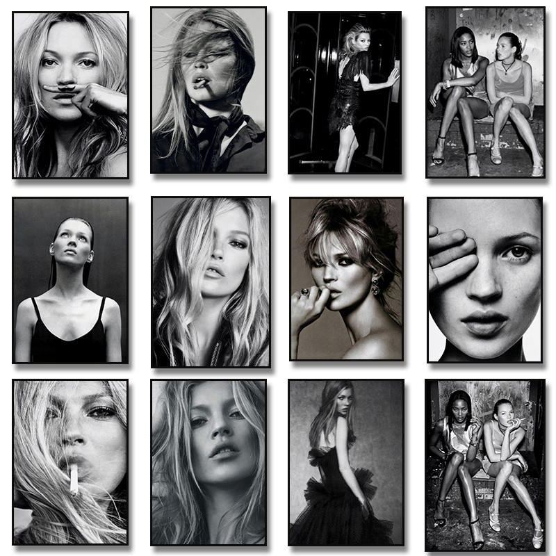 Vintage Fashion Sketches - Vintage Retro การถ่ายภาพ Kate Moss สูบบุหรี่แฟชั่นโปสเตอร์ภาพวาดผ้าใบผนังพิมพ์รูปภาพสําหรับห้องพักหญิงตกแต่งบ้าน
