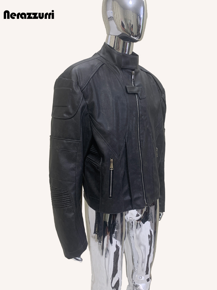 Vintage Fashion Runway - เสื้อแจ็คเก็ตนักแข่งหนัง PU สีดำขาดๆ แบบสั้นสำหรับฤดูใบไม้ร่วง Nerazzurri สำหรับผู้ชาย
