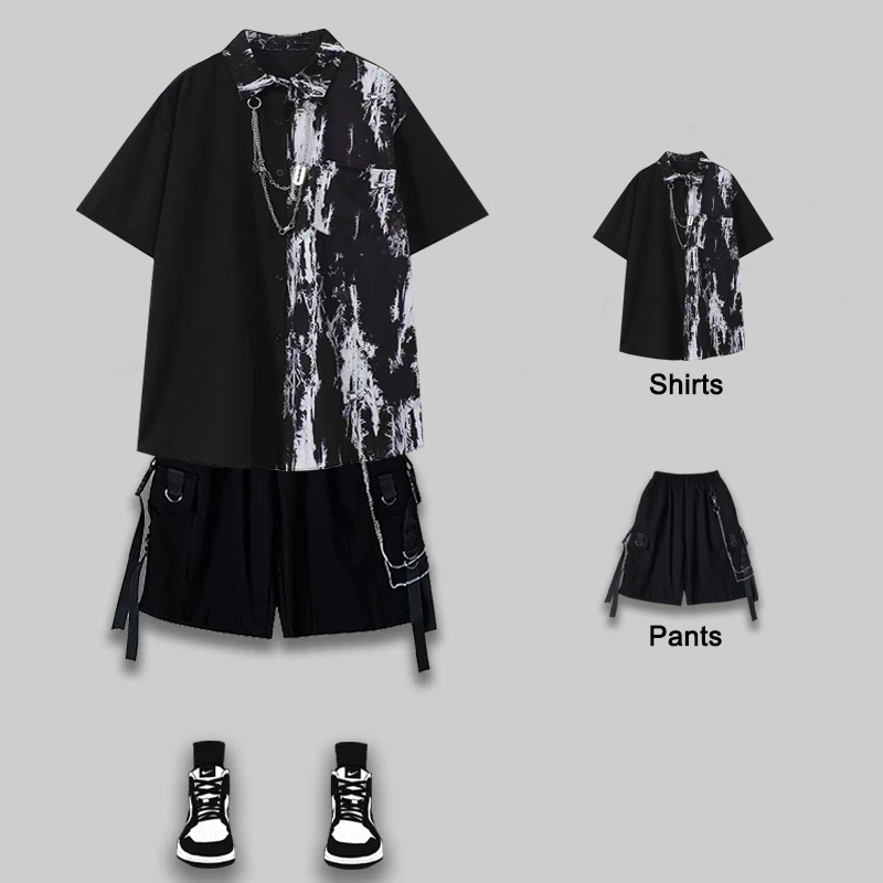 Tie Dye Shirt Vintage - Arens ชุดสูทฤดูร้อนของผู้ชายเสื้อเชิ๊ตโซ่ย้อมสีไทสีดำวินเทจ + กางเกงคาร์โก้แจ็คเก็ตเสื้อเชิ้ตกางเกงขาสั้นสายโซ่แขนสั้น