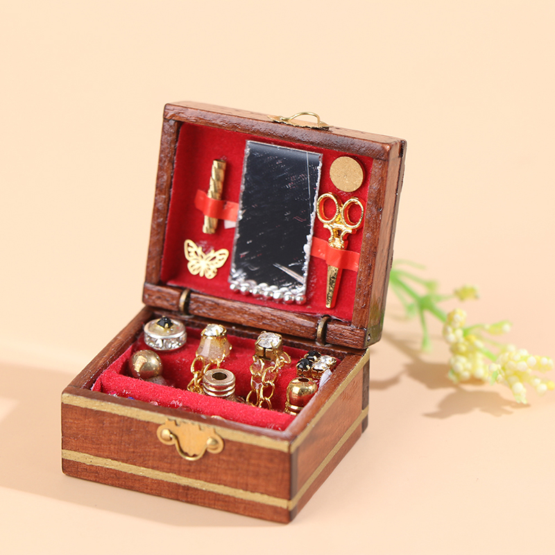 Vintage Fashion Dolls - 1:12 อุปกรณ์ตกแต่งบ้านตุ๊กตาขนาดเล็ก กล่องเครื่องประดับไม้ขนาดเล็ก ของเล่นจำลองสำหรับตกแต่งบ้านตุ๊กตา กล่องใส่เครื่องประดับสไตล์วินเทจ