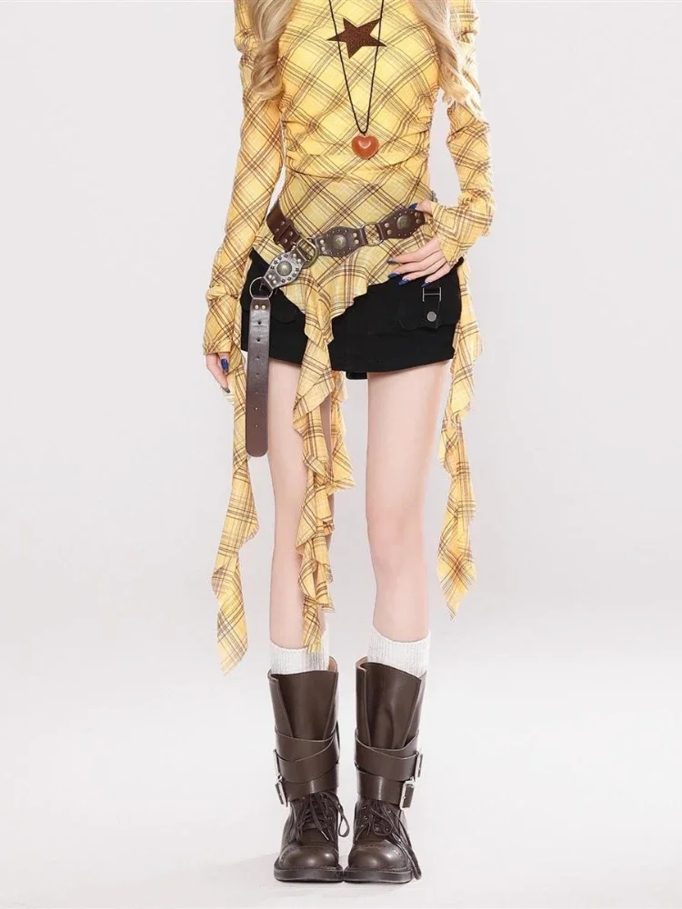 Vintage Fashion - เสื้อยืดวินเทจลายสก๊อต Y2K สำหรับผู้หญิง, เสื้อรัดรูปสไตล์กรันจ์, เซ็กซี่สไตล์แฟรี่