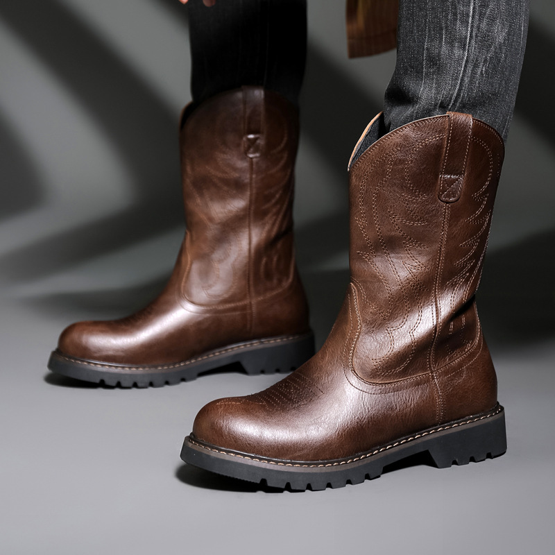 Vintage Fashion Mens - รองเท้าบูทคาวบอยผู้ชายแฟชั่น รองเท้าบูทอัศวินปักลายวินเทจ รองเท้าบูทหิมะผู้ชายสำหรับฤดูหนาว รองเท้าบูทมอเตอร์ไซค์ รองเท้าผู้ชาย รองเท้าผู้หญิง