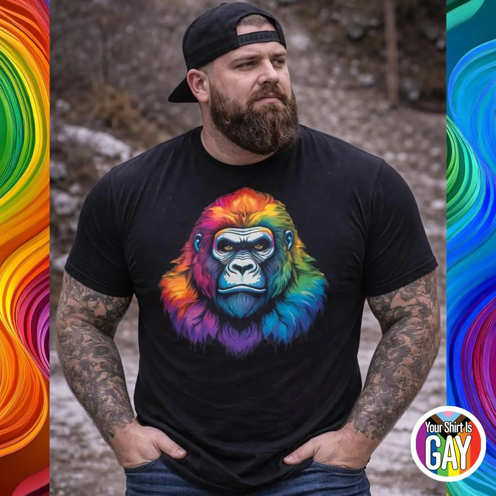 Vintage Fashion Community - เสื้อยืด Gay Gorilla Pride ลายหมีสีรุ้ง ผ้าฝ้ายวินเทจ