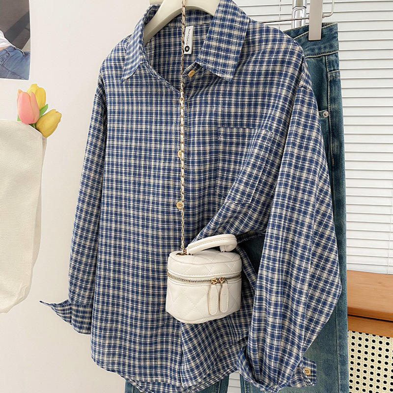 Vintage Fashion - เสื้อเชิ้ตลายสก๊อตสไตล์เกาหลีสไตล์วินเทจฤดูใบไม้ผลิและฤดูใบไม้ร่วงใหม่เสื้อลำลองอเนกประสงค์หลวมและกระชับสัดส่วนเสื้อเชิ้ตสไตล์วิทยาลัยอเนกประสงค์
