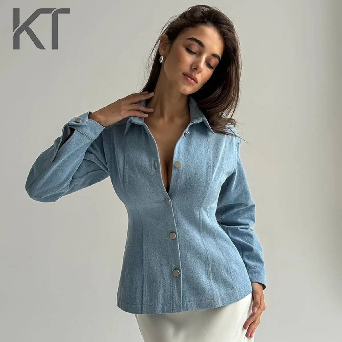 Vintage Fashion - เสื้อเชิ้ตเดนิมทรงเข้ารูป KT Vintage สำหรับผู้หญิง แขนยาว ติดกระดุม
