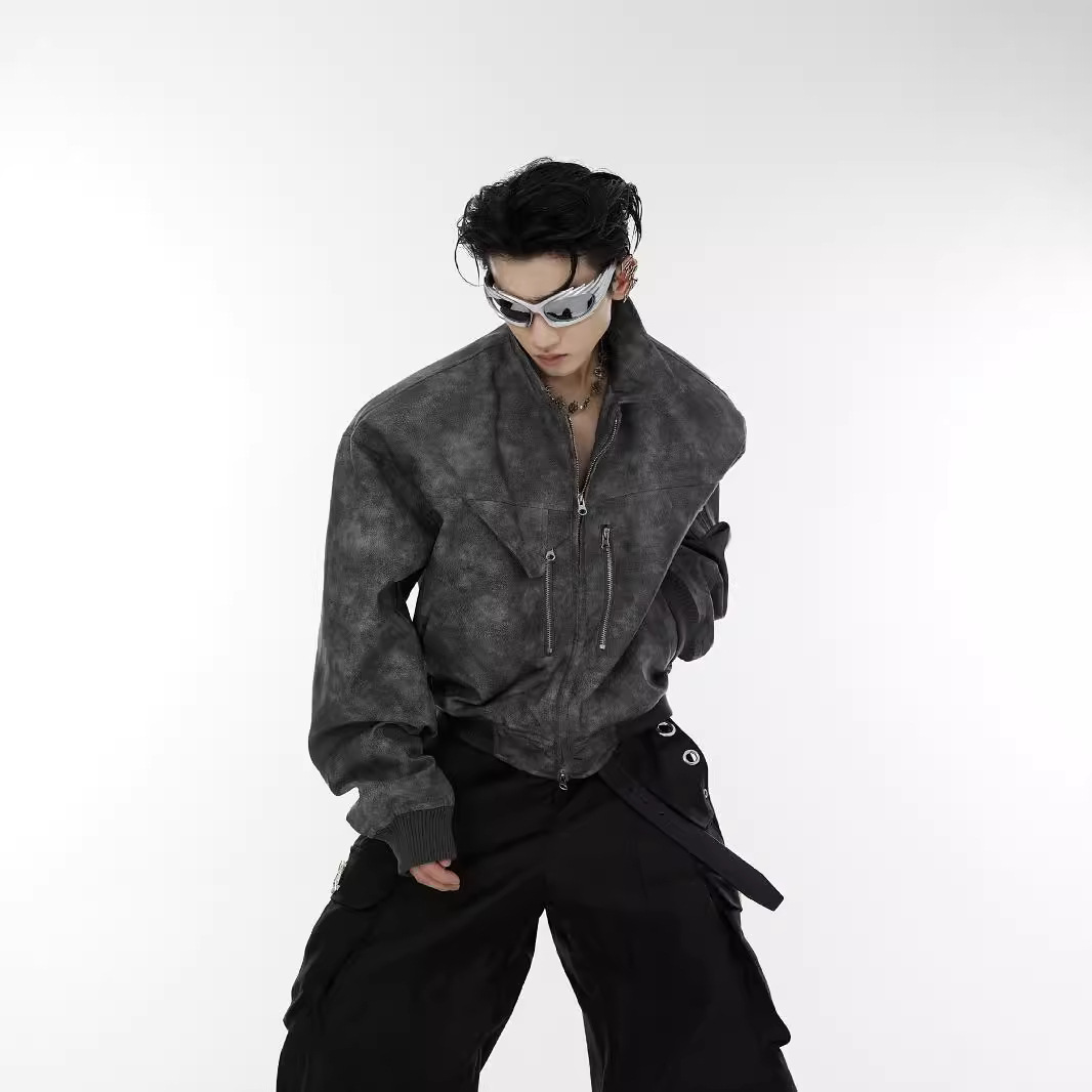 Vintage Windbreaker Nylon - เสื้อกันลมลายจุดผู้ชายอเมริกันนิช, Y2K เสื้อแจ็คเก็ตหนังซิปโลหะสำหรับผู้หญิง, เสื้อแจ็คเก็ตหนังซิปโลหะสำหรับผู้ชาย