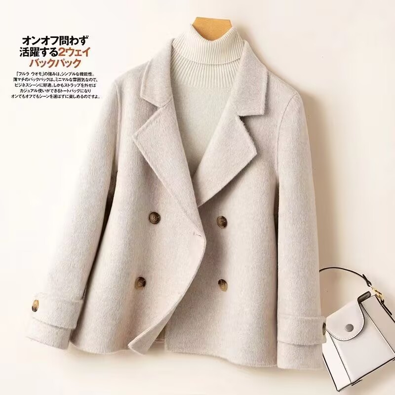 Vintage Fashion Dolls - เสื้อโค้ทขนสัตว์คุณภาพสูงแบบสองด้านสำหรับผู้หญิง รุ่นใหม่ปี 2026 ทรงสั้น คอปกตุ๊กตา สไตล์คุณแม่