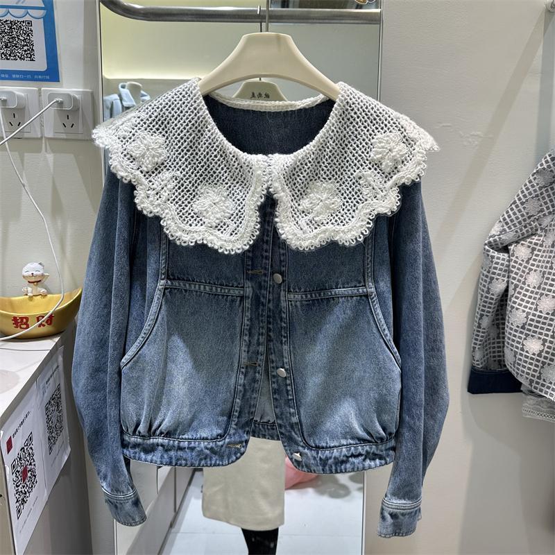 Vintage Fashion Dolls - ผู้หญิงฤดูใบไม้ผลิฤดูใบไม้ร่วงใหม่สไตล์เกาหลี DENIM แจ็คเก็ตตุ๊กตาลูกไม้ Patchwork แฟชั่นเสื้อแจ็คเก็ตสั้นด้านบน