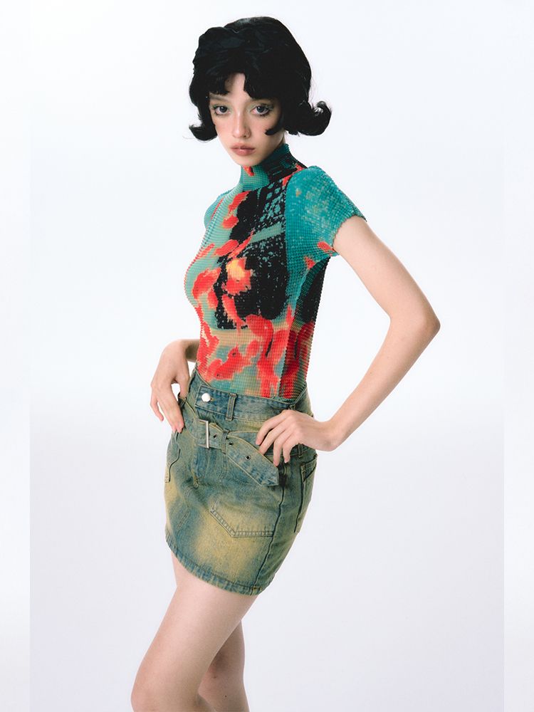 Tie Dye Shirt Vintage - Onalippaจีบปลาทองยืดหยุ่นเสื้อDopamineยอดนิยมในปี 2025 ฤดูร้อนใหม่แขนสั้นเสื้อยืดผู้หญิง