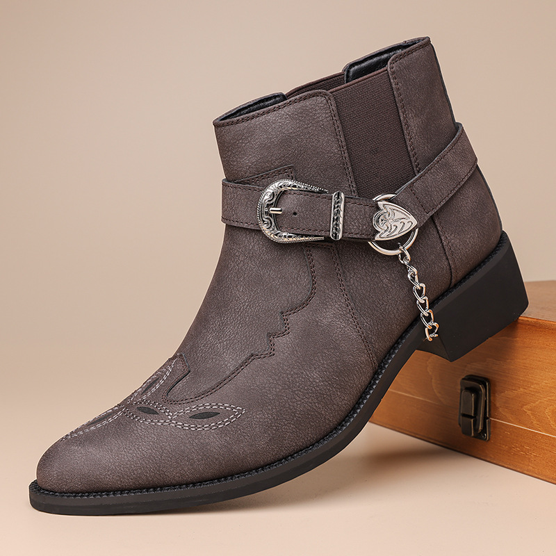 Vintage Fashion Mens - รองเท้าบูทคาวบอยวินเทจสำหรับผู้ชาย แบรนด์ใหม่สไตล์เรโทร หนังแท้ หุ้มข้อสูง พร้อมสายรัดโซ่และหัวเข็มขัด สไตล์พังก์