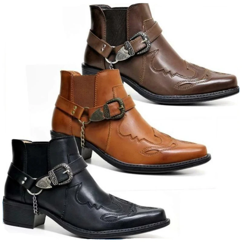 Vintage Fashion Mens - รองเท้าบูทคาวบอยวินเทจหนังแท้ทรงสูงประดับโซ่และหัวเข็มขัดสไตล์พังก์สำหรับผู้ชาย แฟชั่นปี 2026 รองเท้าบูทข้อเท้าทรงแหลมสำหรับนักขี่มอเตอร์ไซค์