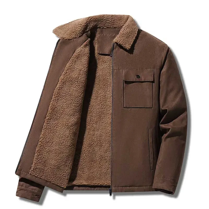 Vintage Windbreaker Nylon - เสื้อแจ็คเก็ตผู้ชายสำหรับฤดูหนาว ผ้าหนังกลับบุขนหนานุ่ม สวมใส่สบาย ปกคอพับได้ กันลม มีซิป