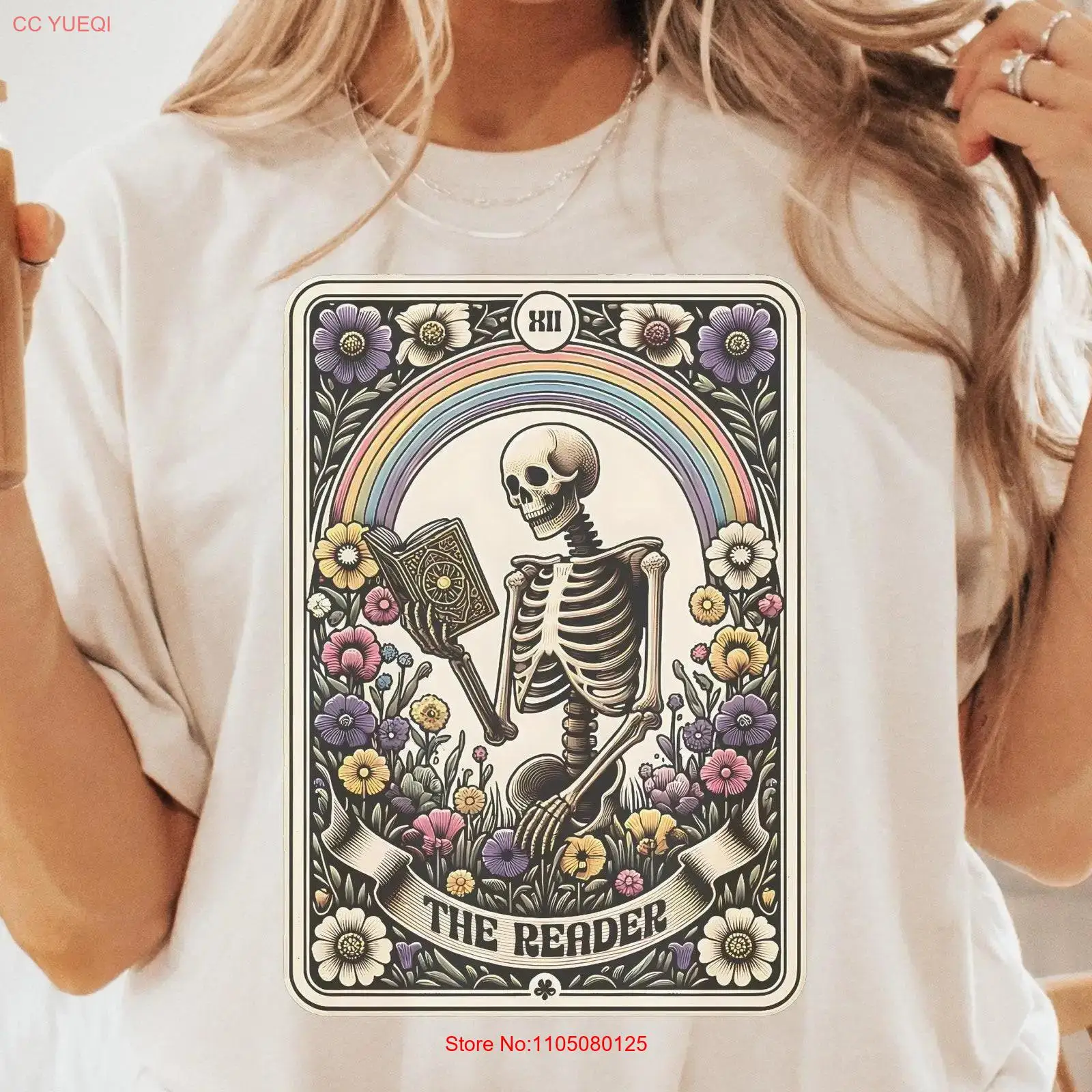 Vintage Fashion Books - เสื้อยืด The Reader TaroT ลายโครงกระดูกอ่านหนังสือ สำหรับผู้หญิง