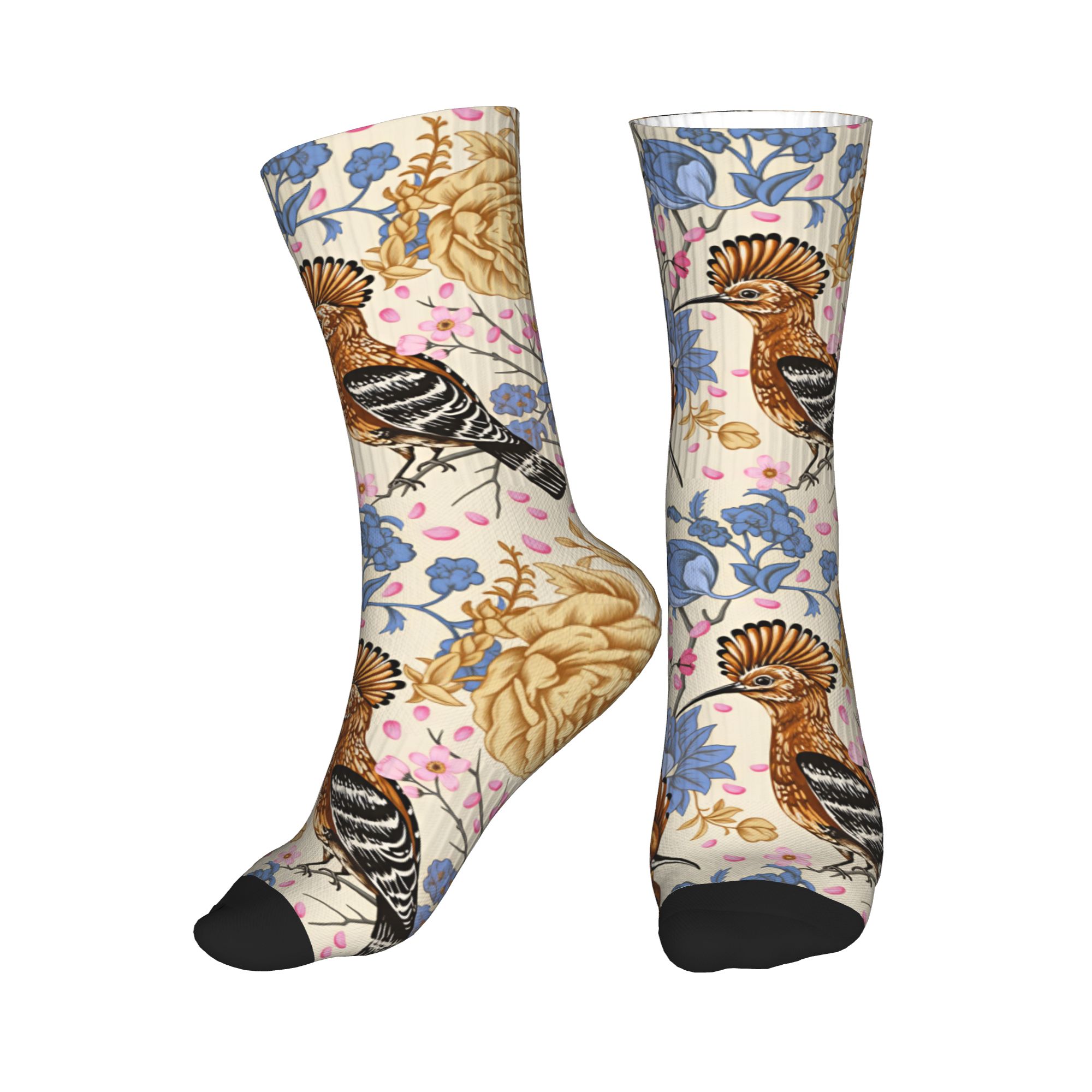 Vintage Fashion Mens - Hoopoe Bird Blue Peony ถุงเท้าลายดอกไม้วินเทจ ถุงเท้าแฟชั่นสำหรับผู้ชายและผู้หญิง