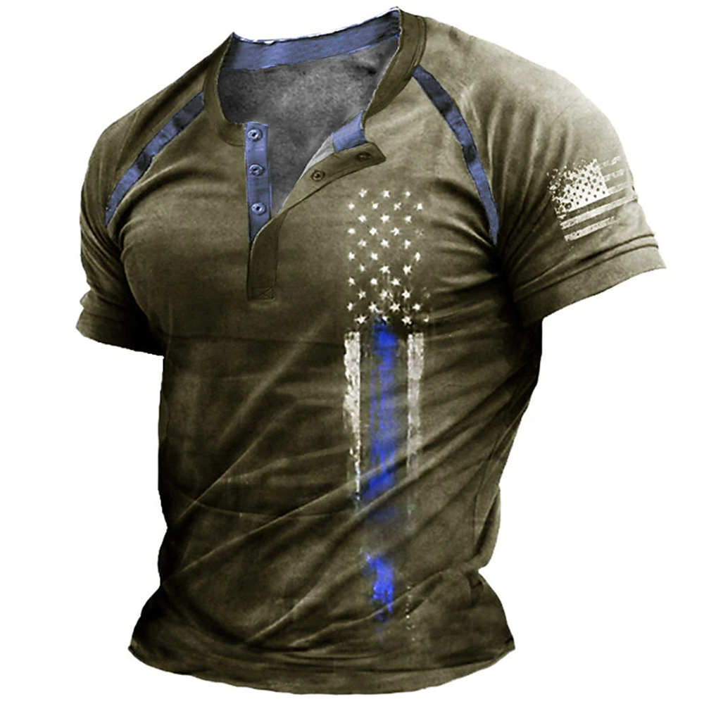 เสื้อเชิ้ตเฮนรี่พิมพ์ลายธงชาติ - Vintage Fashion Mens บทวิจารณ์และราคา