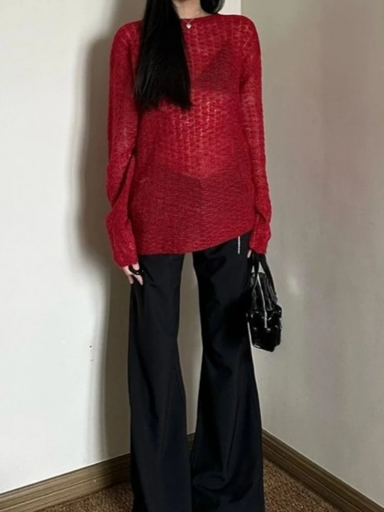 Y2K เสื้อยืดผู้หญิงถักแบบซีทรู - Vintage Fashion บทวิจารณ์และราคา